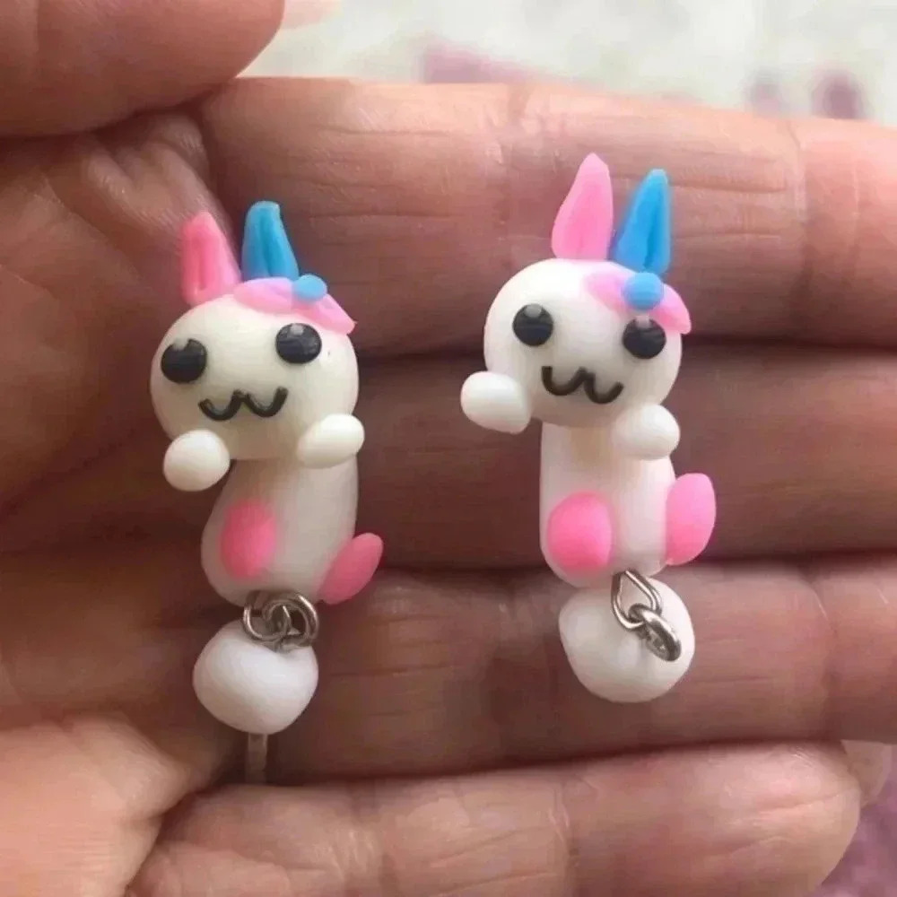 ADORABLE Pink & Blue Bunny Rabbit Polymer Earrings NWT